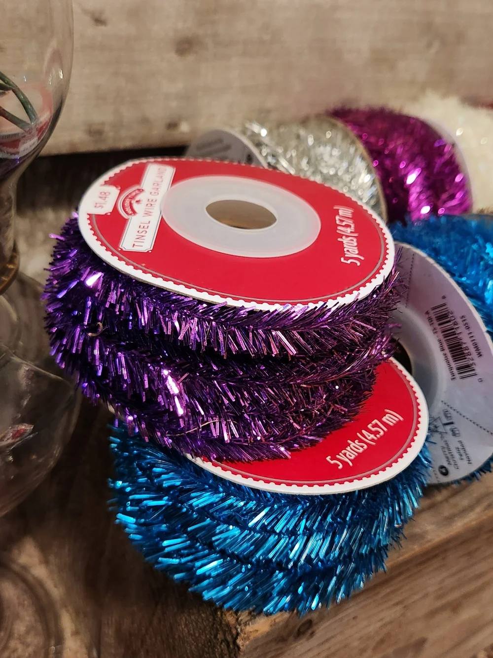 11-Assorted Holiday Tinsel Craft Ribbon - Red, Blue, Gold, Silver,Purple, White.